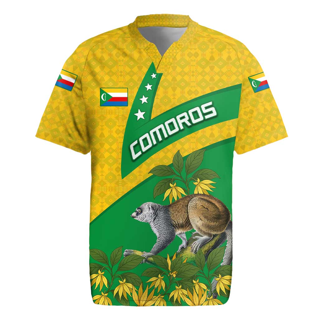 Comoros Rugby Jersey with National Flag Lemur Design and Ylang Ylang Flower Pattern