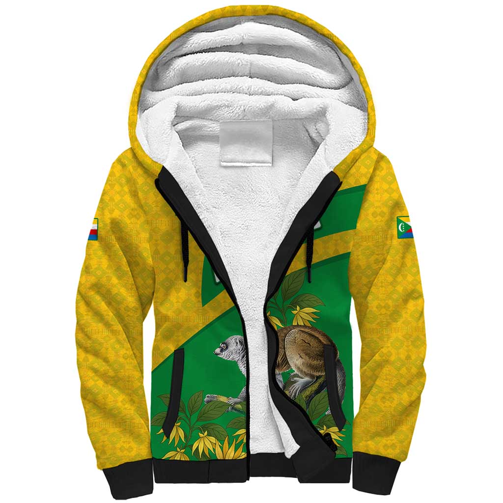 Comoros Sherpa Hoodie with National Flag Lemur Design and Ylang Ylang Flower Pattern