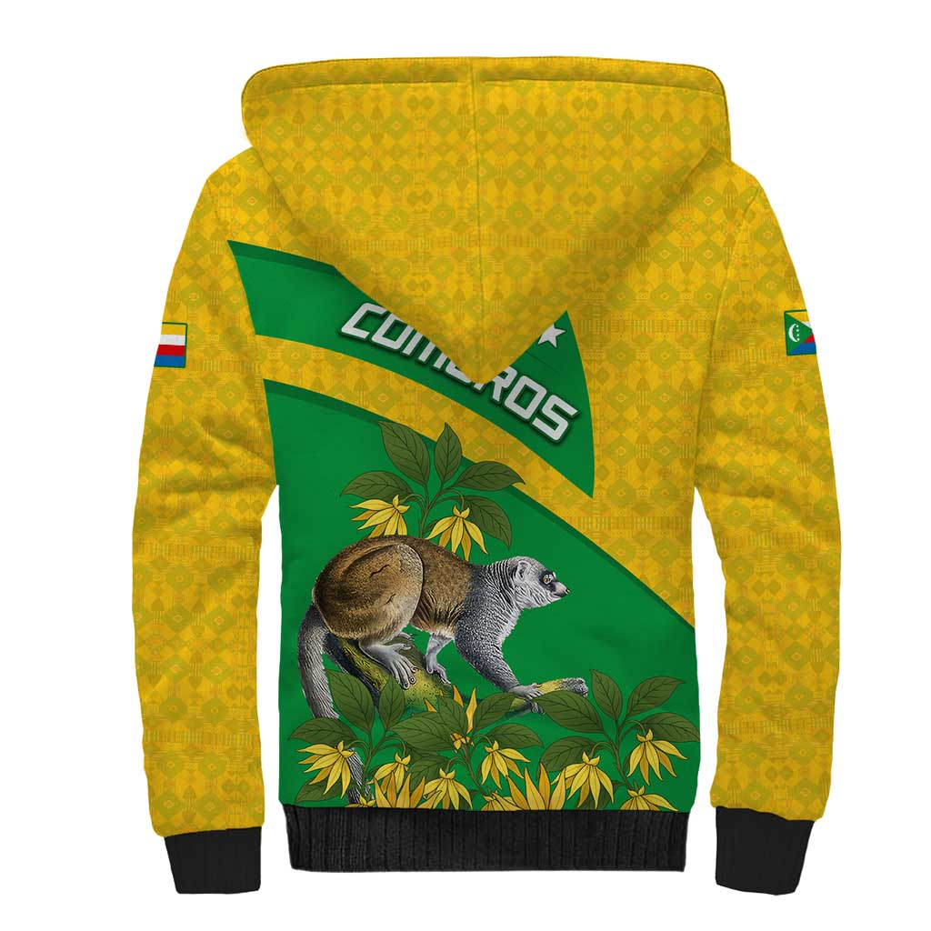 Comoros Sherpa Hoodie with National Flag Lemur Design and Ylang Ylang Flower Pattern