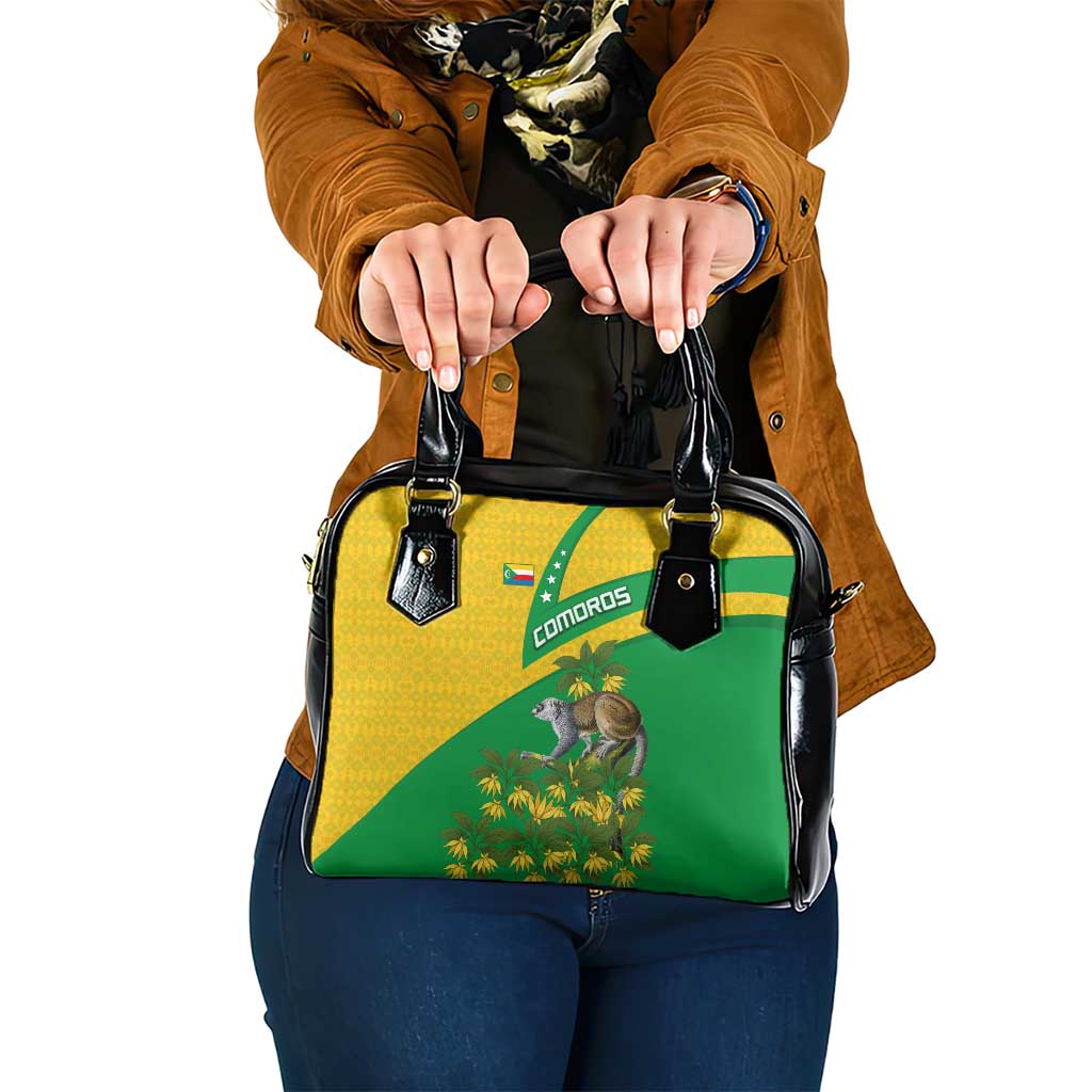Comoros Shoulder Handbag with National Flag Lemur Design and Ylang Ylang Flower Pattern