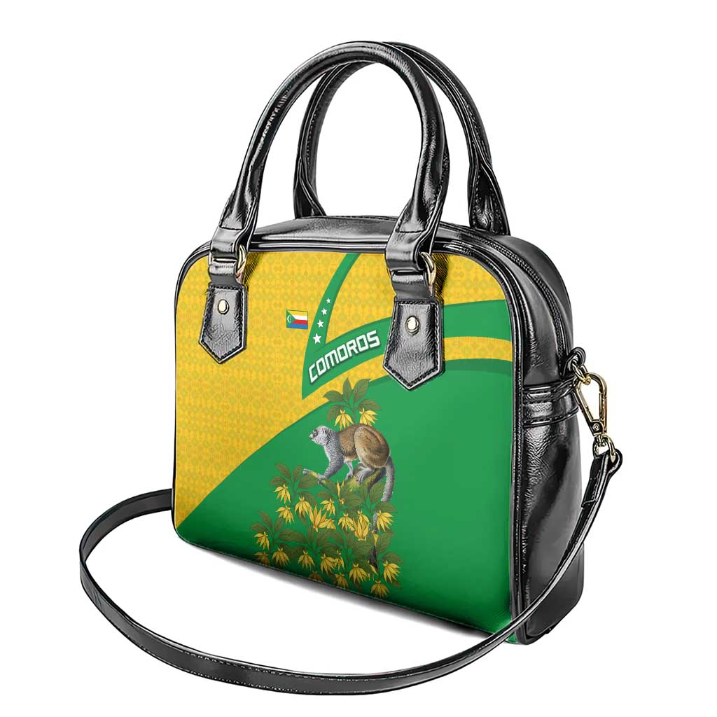 Comoros Shoulder Handbag with National Flag Lemur Design and Ylang Ylang Flower Pattern