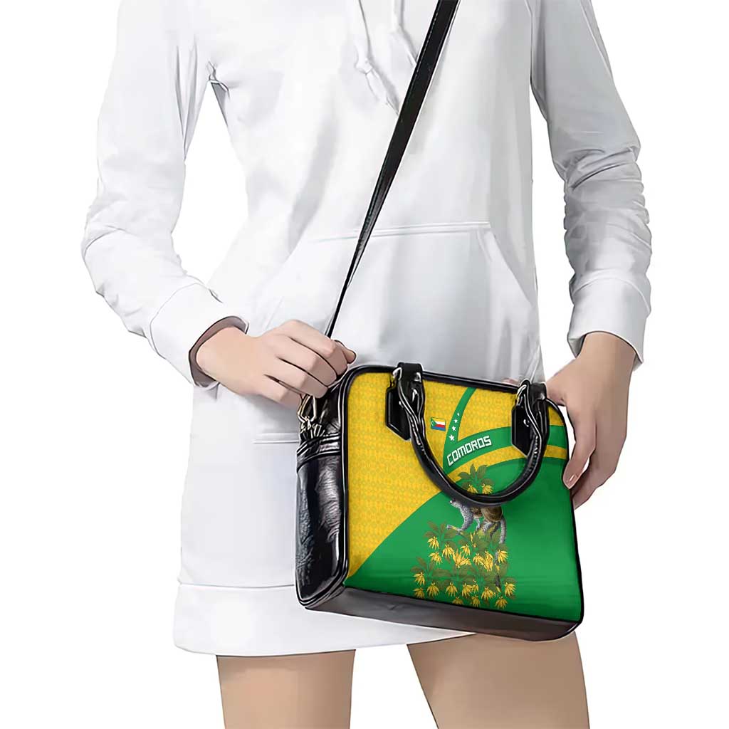 Comoros Shoulder Handbag with National Flag Lemur Design and Ylang Ylang Flower Pattern