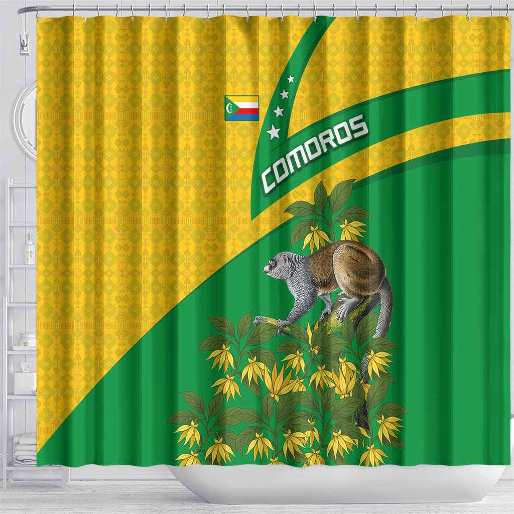 Comoros Shower Curtain with National Flag Lemur Design and Ylang Ylang Flower Pattern