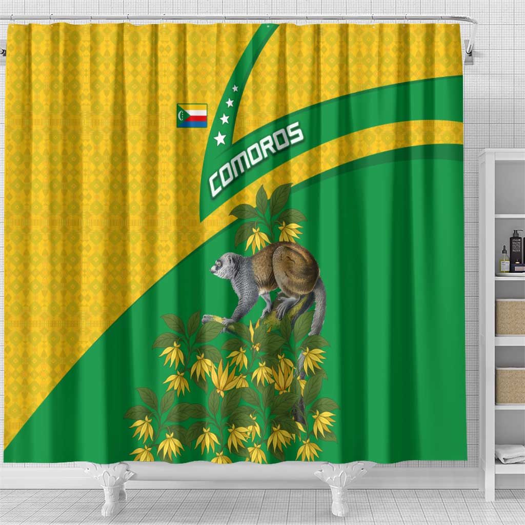 Comoros Shower Curtain with National Flag Lemur Design and Ylang Ylang Flower Pattern