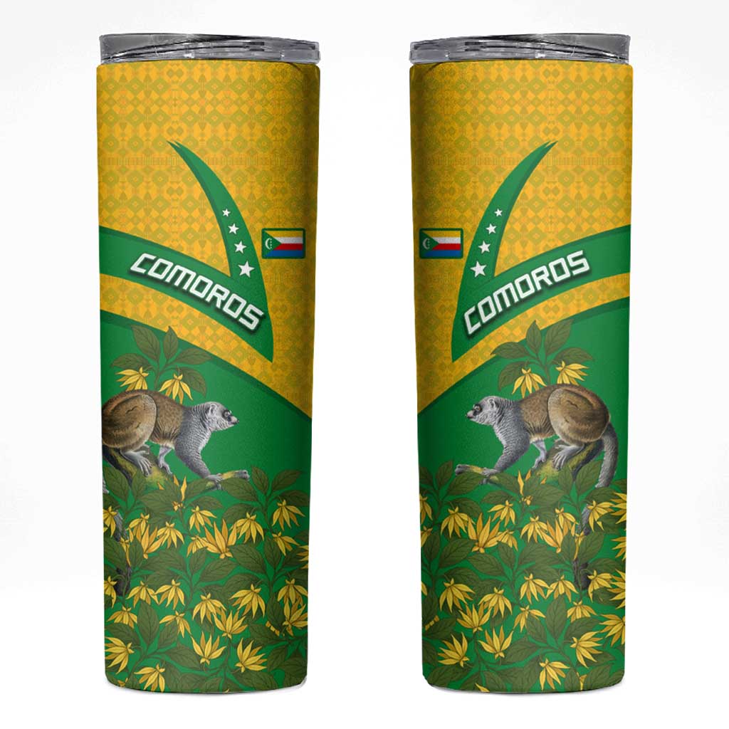 Comoros Skinny Tumbler with National Flag Lemur Design and Ylang Ylang Flower Pattern
