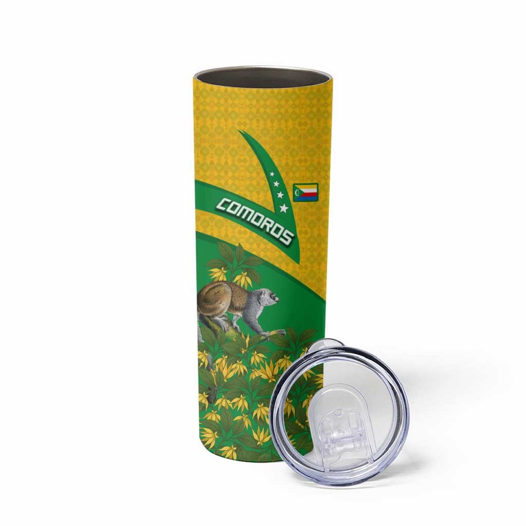 Comoros Skinny Tumbler with National Flag Lemur Design and Ylang Ylang Flower Pattern