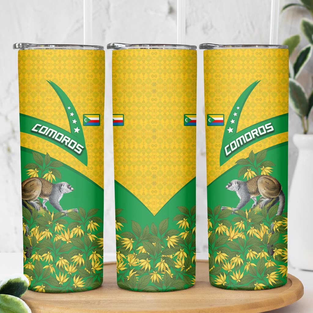Comoros Skinny Tumbler with National Flag Lemur Design and Ylang Ylang Flower Pattern