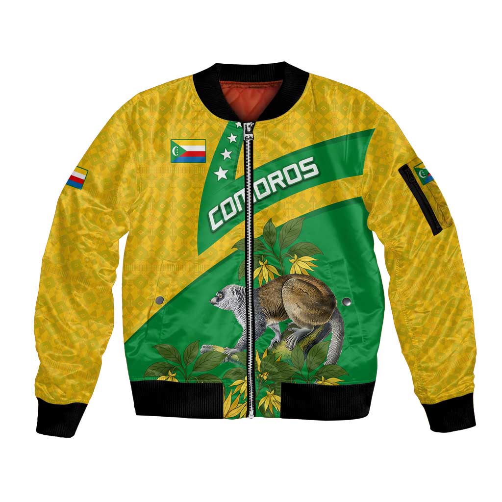Comoros Sleeve Zip Bomber Jacket with National Flag Lemur Design and Ylang Ylang Flower Pattern