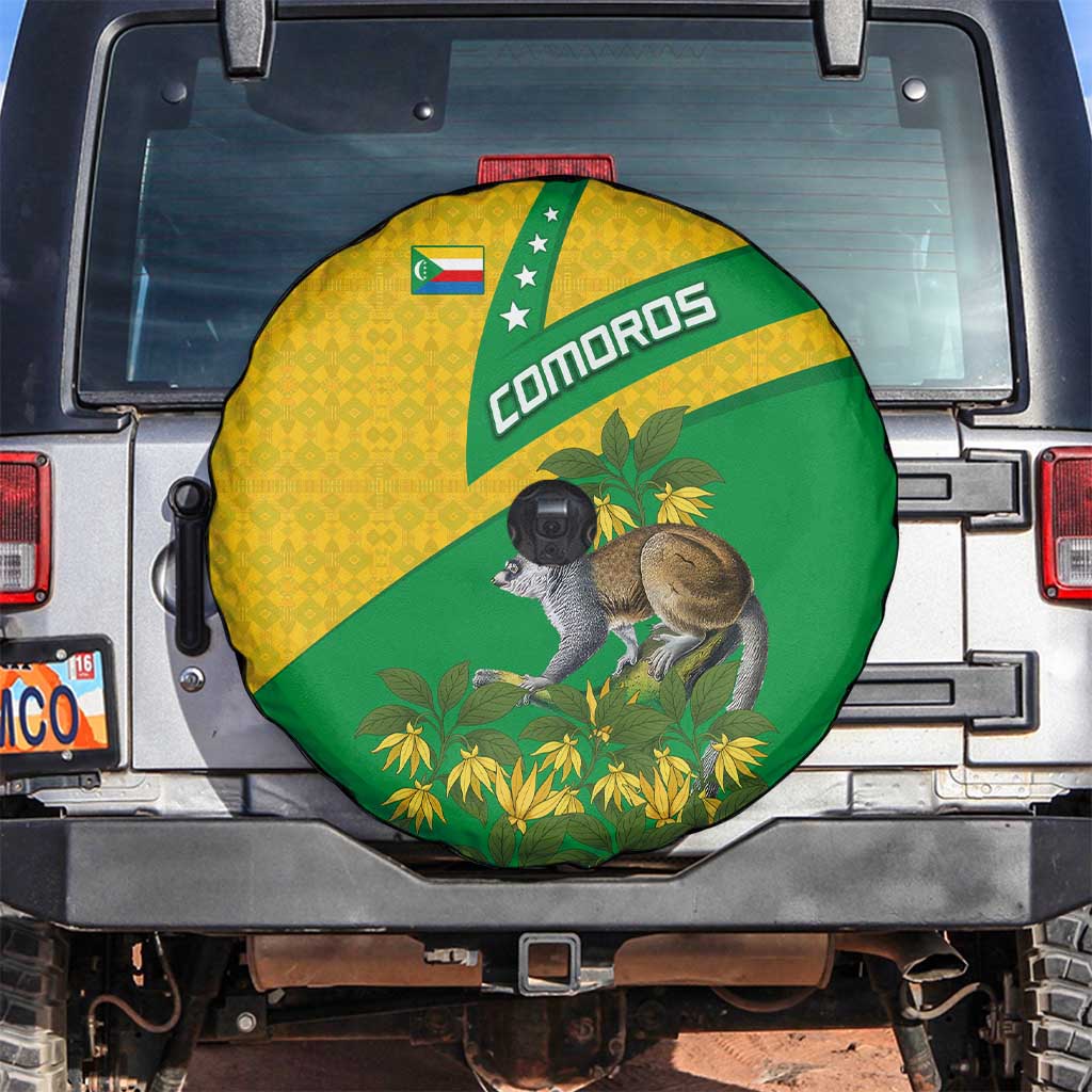 Comoros Spare Tire Cover with National Flag Lemur Design and Ylang Ylang Flower Pattern