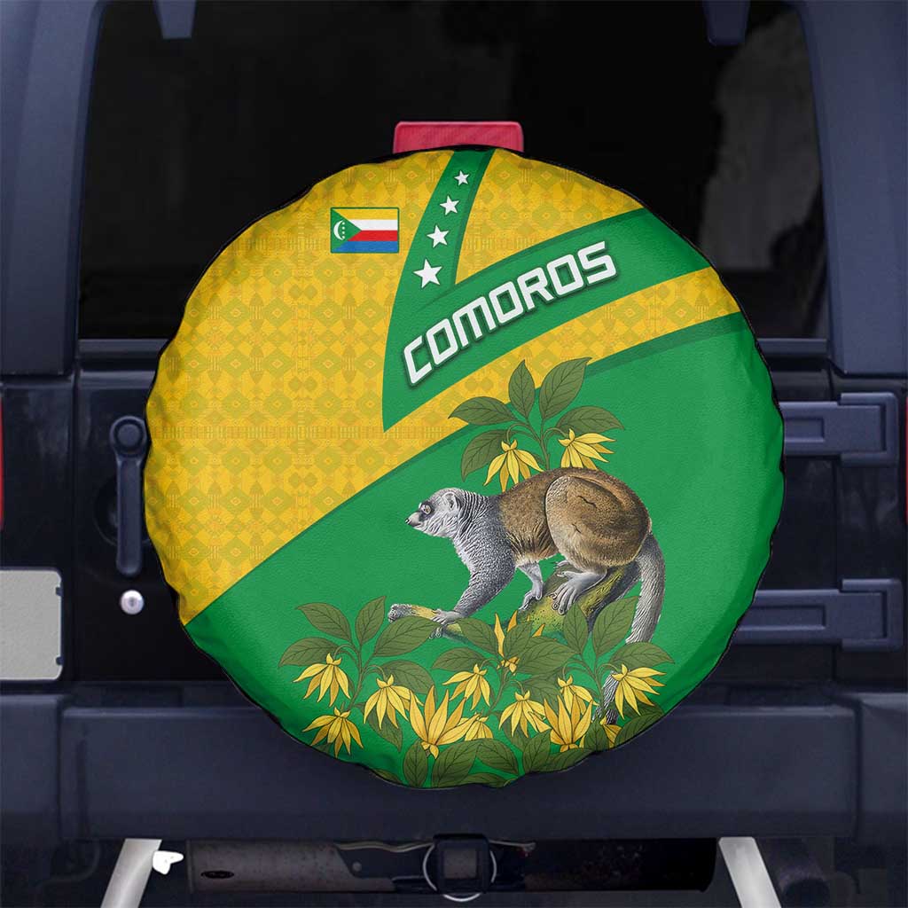 Comoros Spare Tire Cover with National Flag Lemur Design and Ylang Ylang Flower Pattern