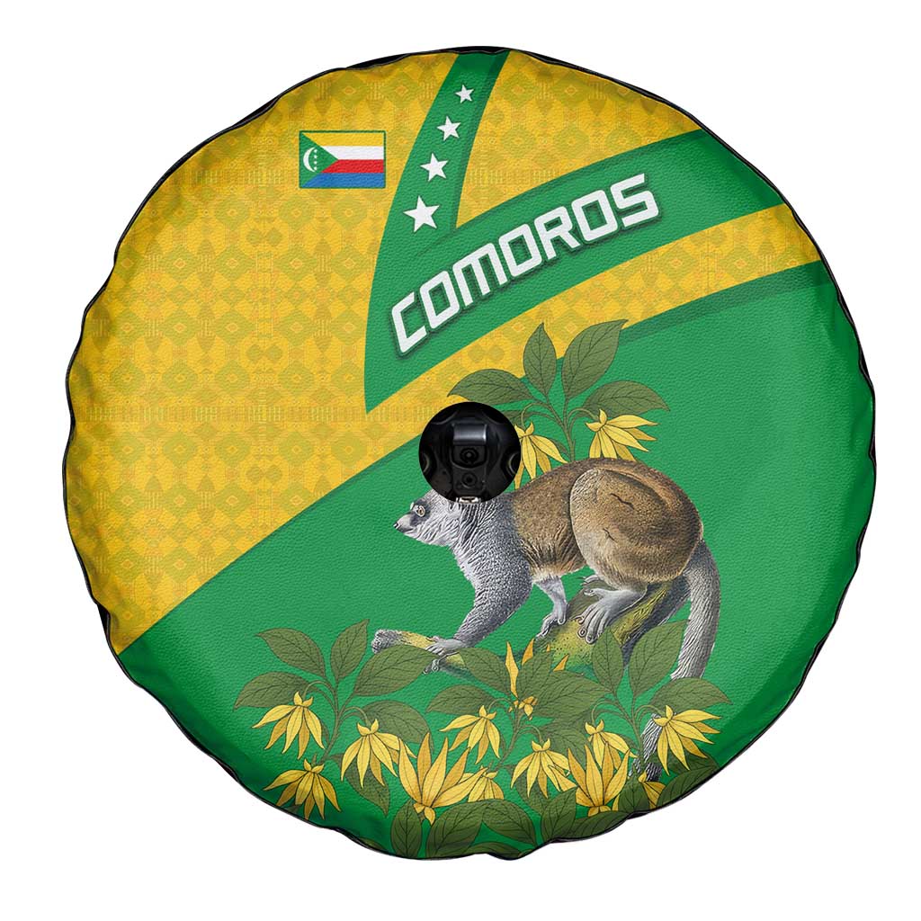 Comoros Spare Tire Cover with National Flag Lemur Design and Ylang Ylang Flower Pattern