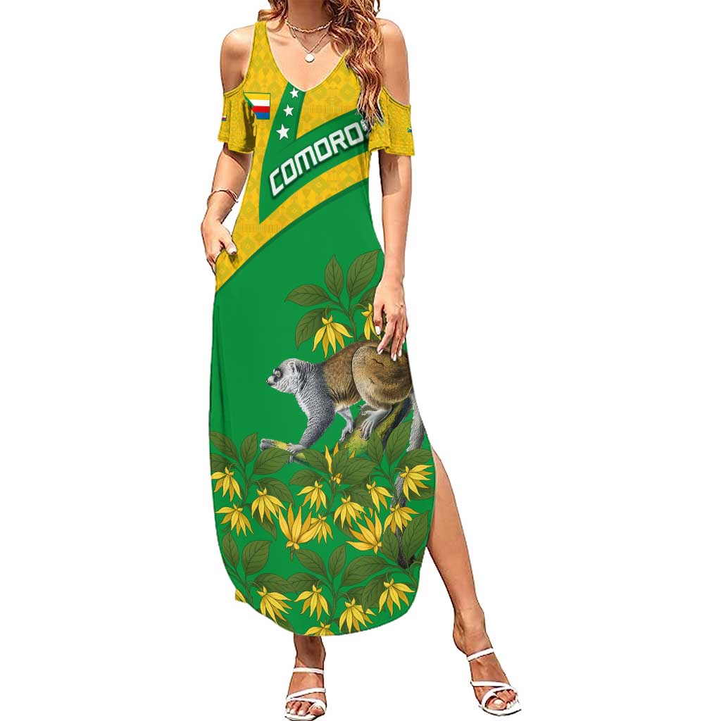 Comoros Summer Maxi Dress with National Flag Lemur Design and Ylang Ylang Flower Pattern