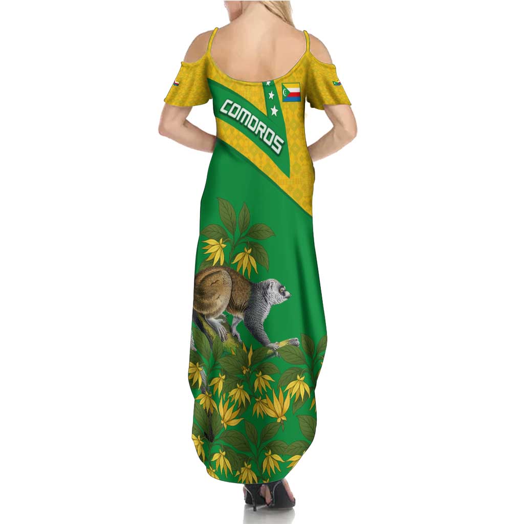 Comoros Summer Maxi Dress with National Flag Lemur Design and Ylang Ylang Flower Pattern