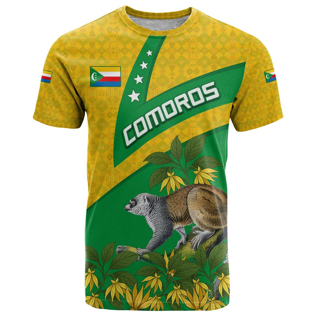 Comoros T Shirt with National Flag Lemur Design and Ylang Ylang Flower Pattern