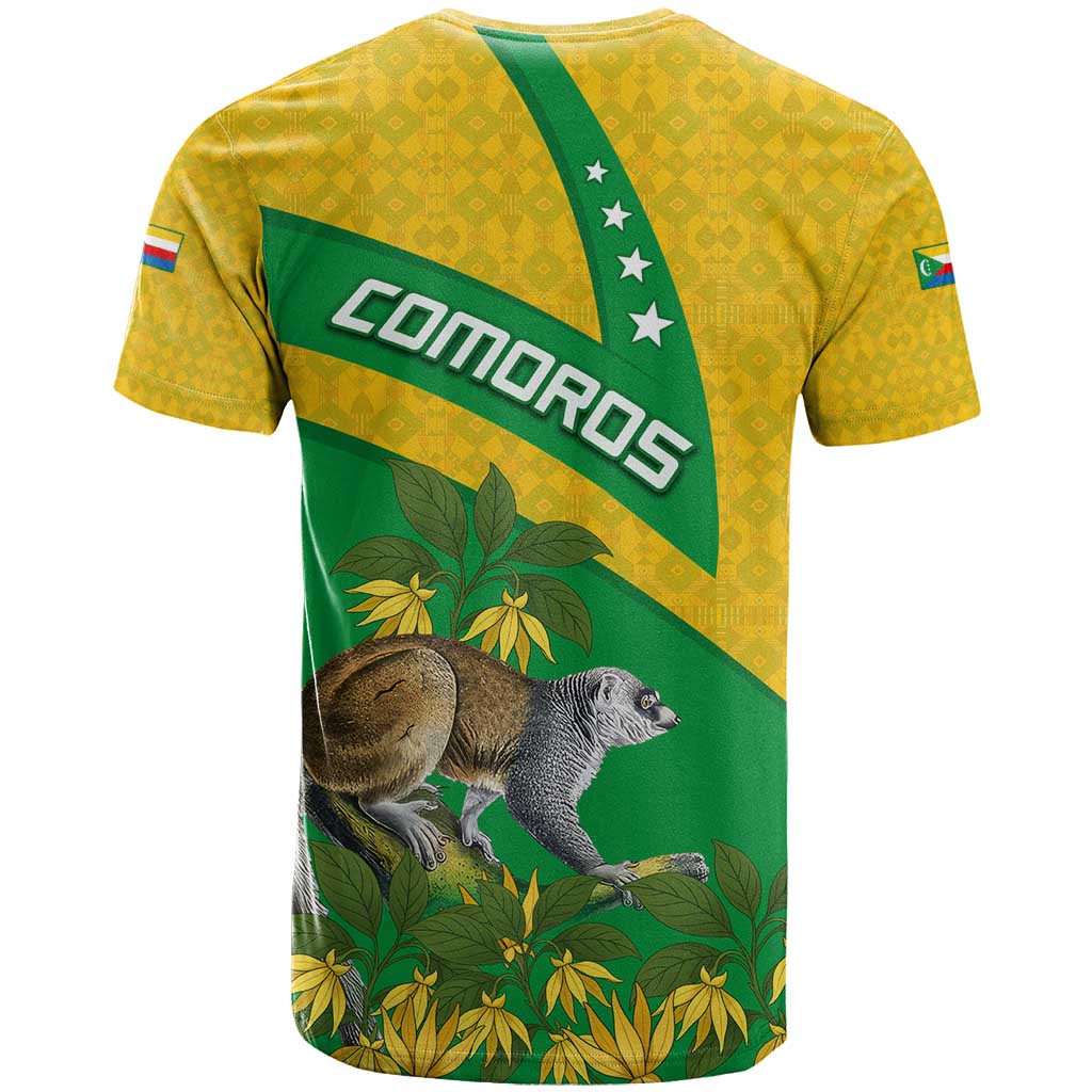 Comoros T Shirt with National Flag Lemur Design and Ylang Ylang Flower Pattern