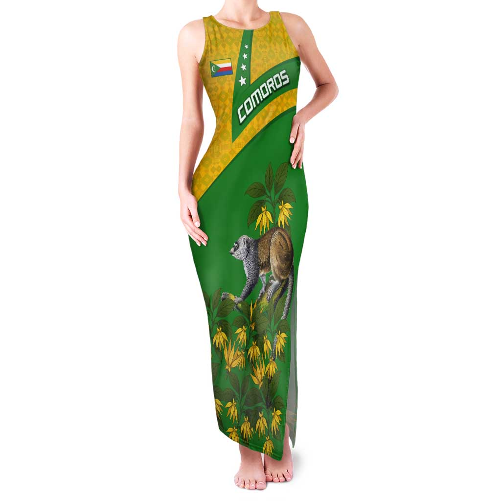 Comoros Tank Maxi Dress with National Flag Lemur Design and Ylang Ylang Flower Pattern