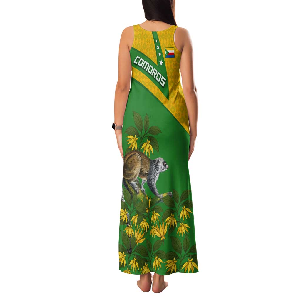 Comoros Tank Maxi Dress with National Flag Lemur Design and Ylang Ylang Flower Pattern