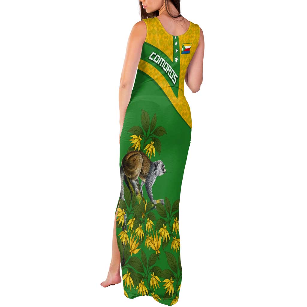 Comoros Tank Maxi Dress with National Flag Lemur Design and Ylang Ylang Flower Pattern