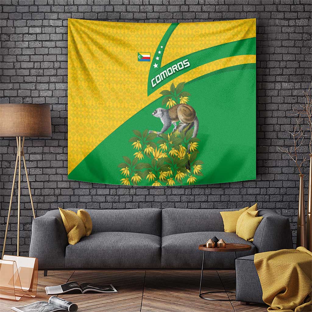Comoros Tapestry with National Flag Lemur Design and Ylang Ylang Flower Pattern