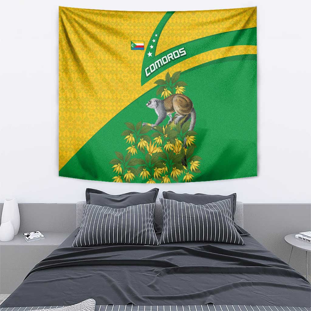 Comoros Tapestry with National Flag Lemur Design and Ylang Ylang Flower Pattern