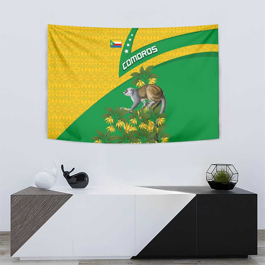 Comoros Tapestry with National Flag Lemur Design and Ylang Ylang Flower Pattern