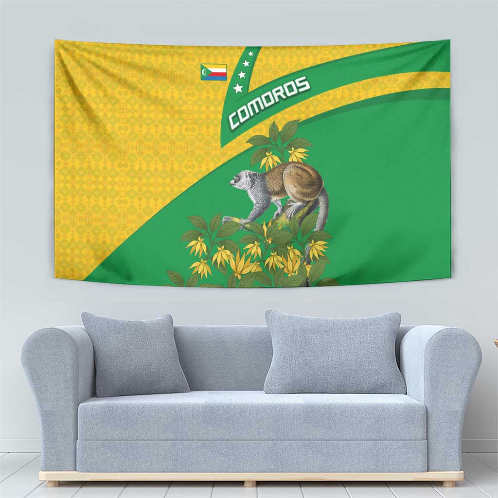Comoros Tapestry with National Flag Lemur Design and Ylang Ylang Flower Pattern