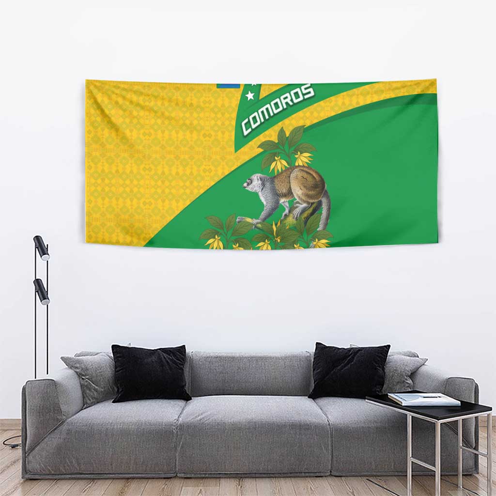 Comoros Tapestry with National Flag Lemur Design and Ylang Ylang Flower Pattern