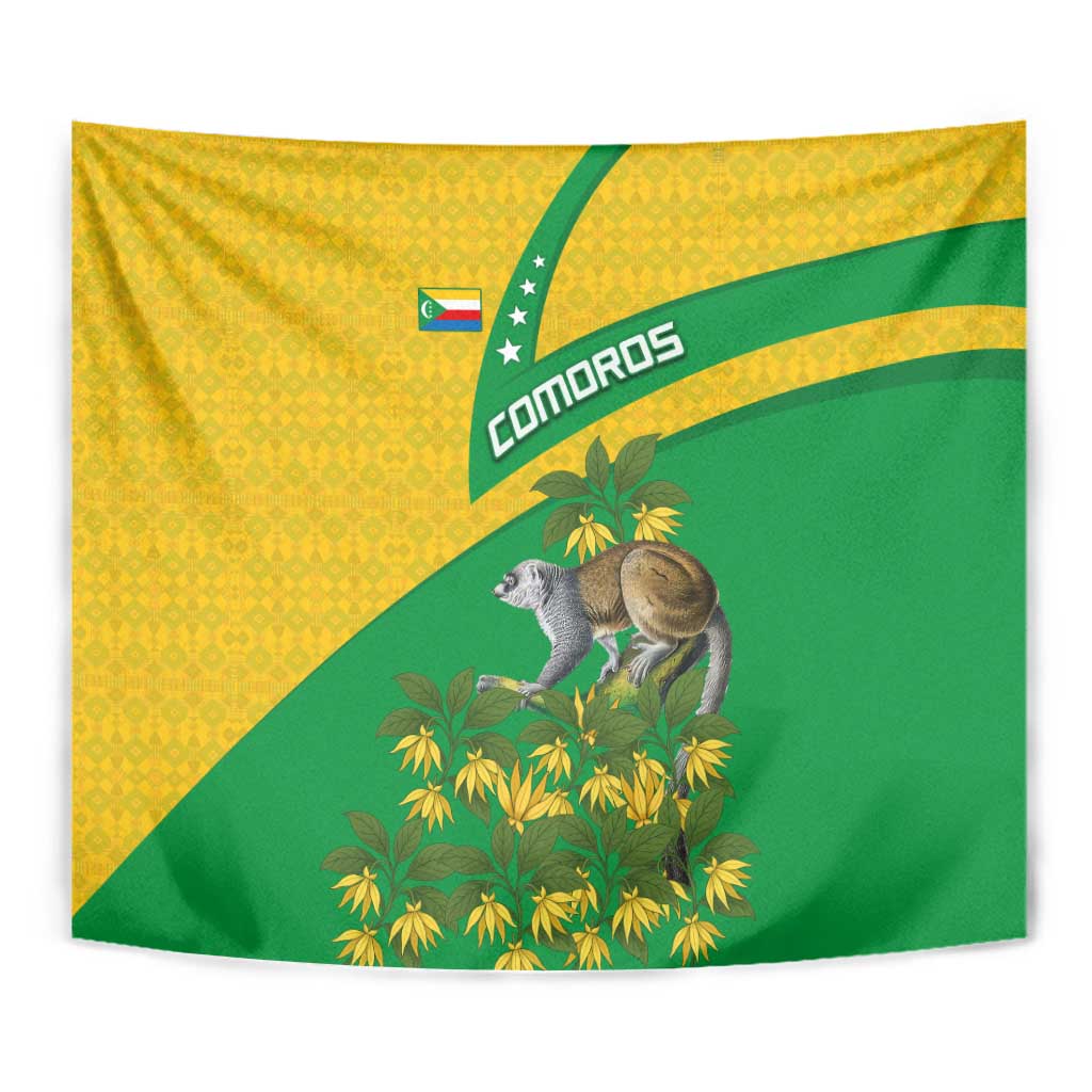 Comoros Tapestry with National Flag Lemur Design and Ylang Ylang Flower Pattern