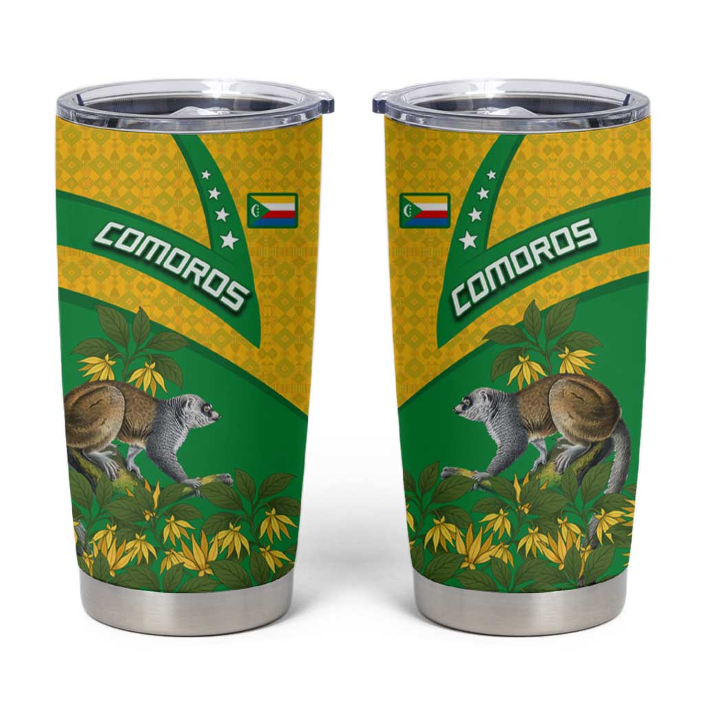 Comoros Tumbler Cup with National Flag Lemur Design and Ylang Ylang Flower Pattern