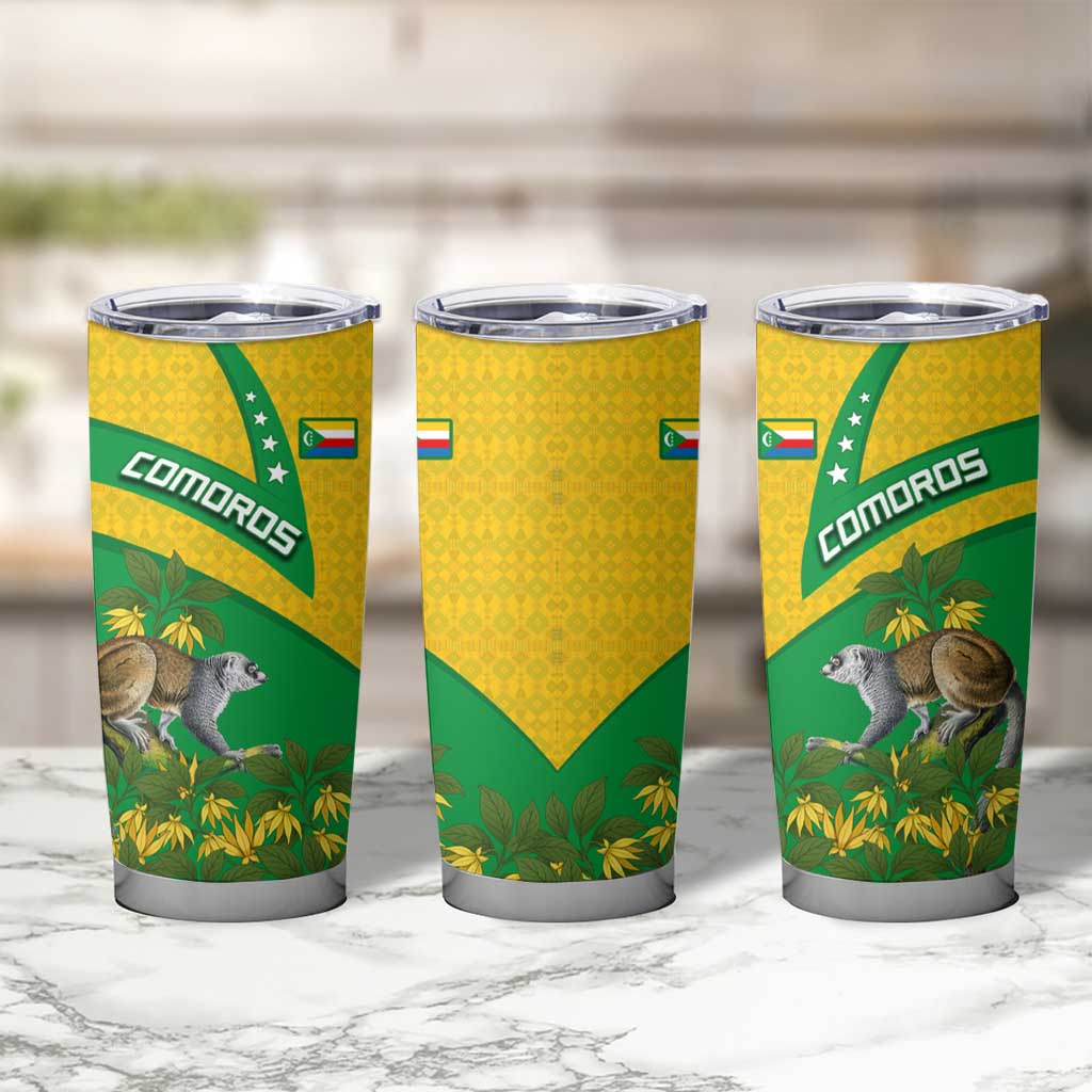Comoros Tumbler Cup with National Flag Lemur Design and Ylang Ylang Flower Pattern