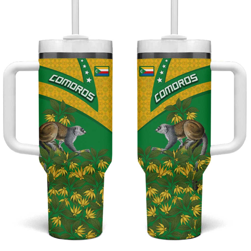 Comoros Tumbler With Handle with National Flag Lemur Design and Ylang Ylang Flower Pattern