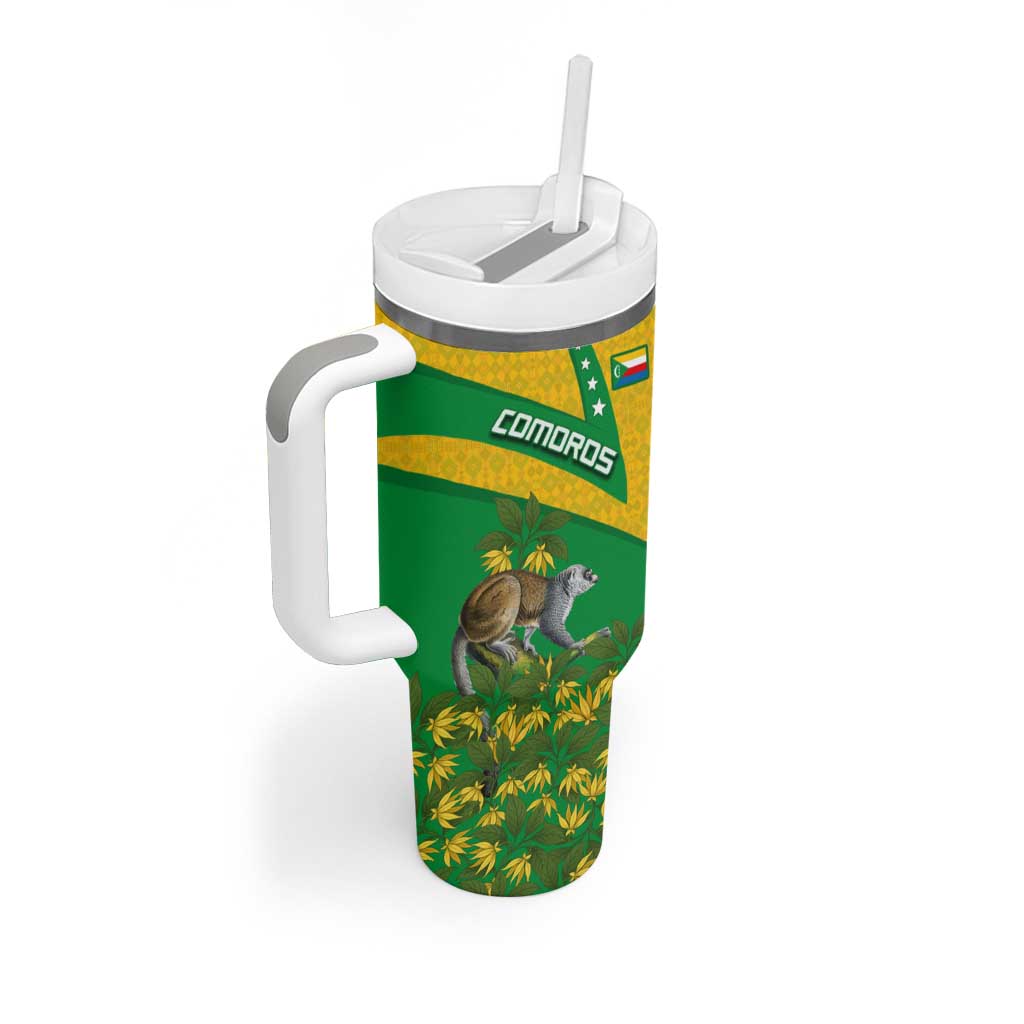 Comoros Tumbler With Handle with National Flag Lemur Design and Ylang Ylang Flower Pattern