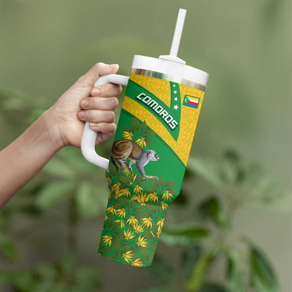 Comoros Tumbler With Handle with National Flag Lemur Design and Ylang Ylang Flower Pattern