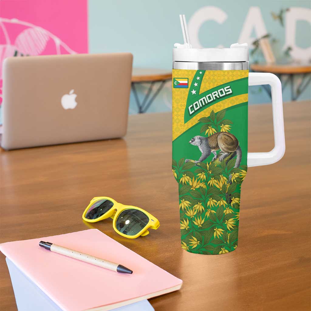 Comoros Tumbler With Handle with National Flag Lemur Design and Ylang Ylang Flower Pattern