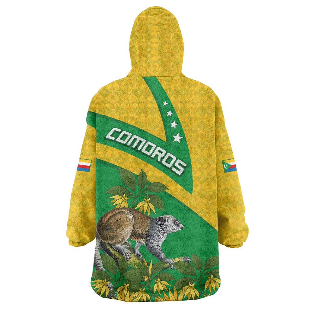 Comoros Wearable Blanket Hoodie with National Flag Lemur Design and Ylang Ylang Flower Pattern