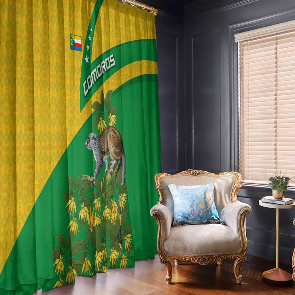 Comoros Window Curtain with National Flag Lemur Design and Ylang Ylang Flower Pattern