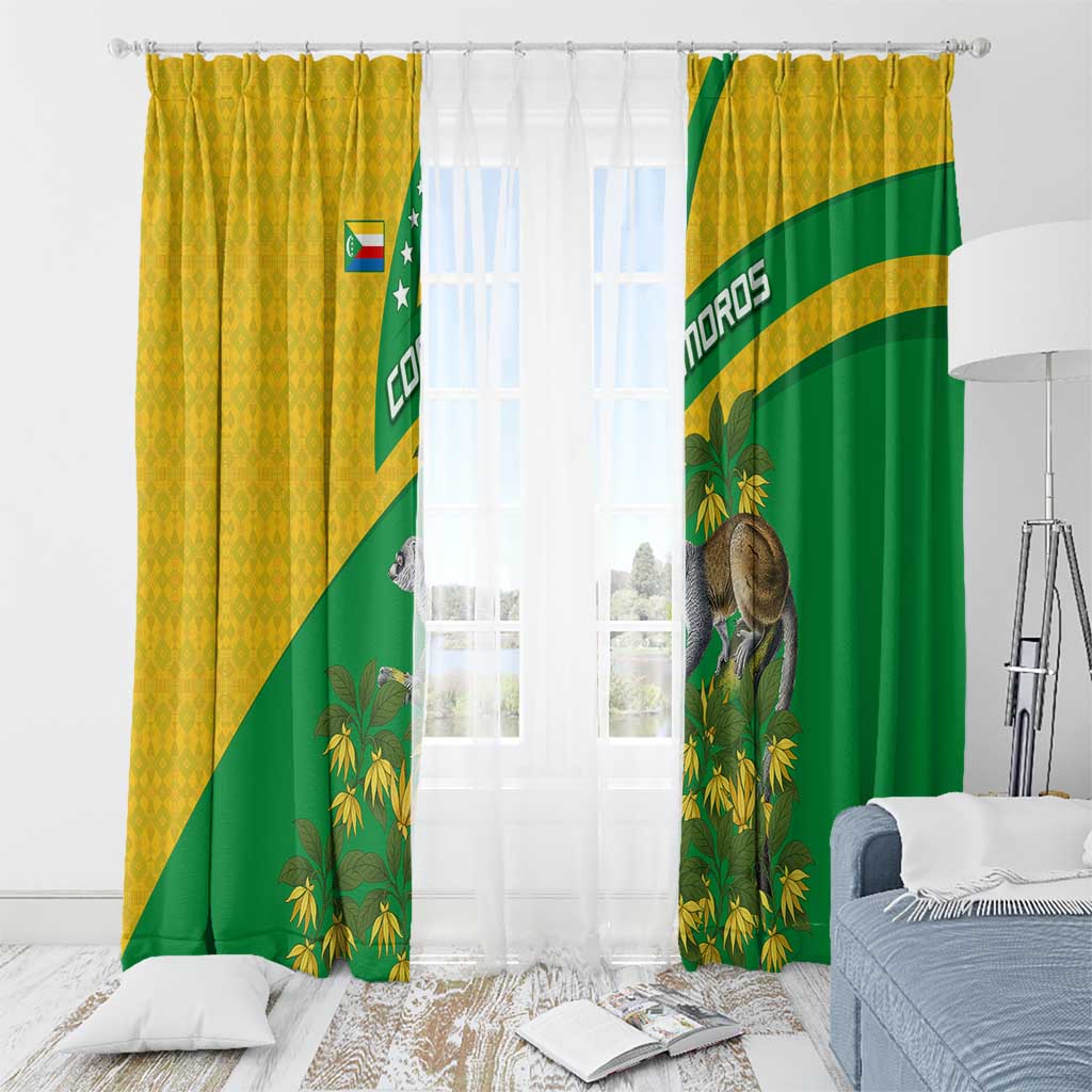 Comoros Window Curtain with National Flag Lemur Design and Ylang Ylang Flower Pattern