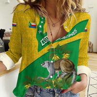 Comoros Women Casual Shirt with National Flag Lemur Design and Ylang Ylang Flower Pattern