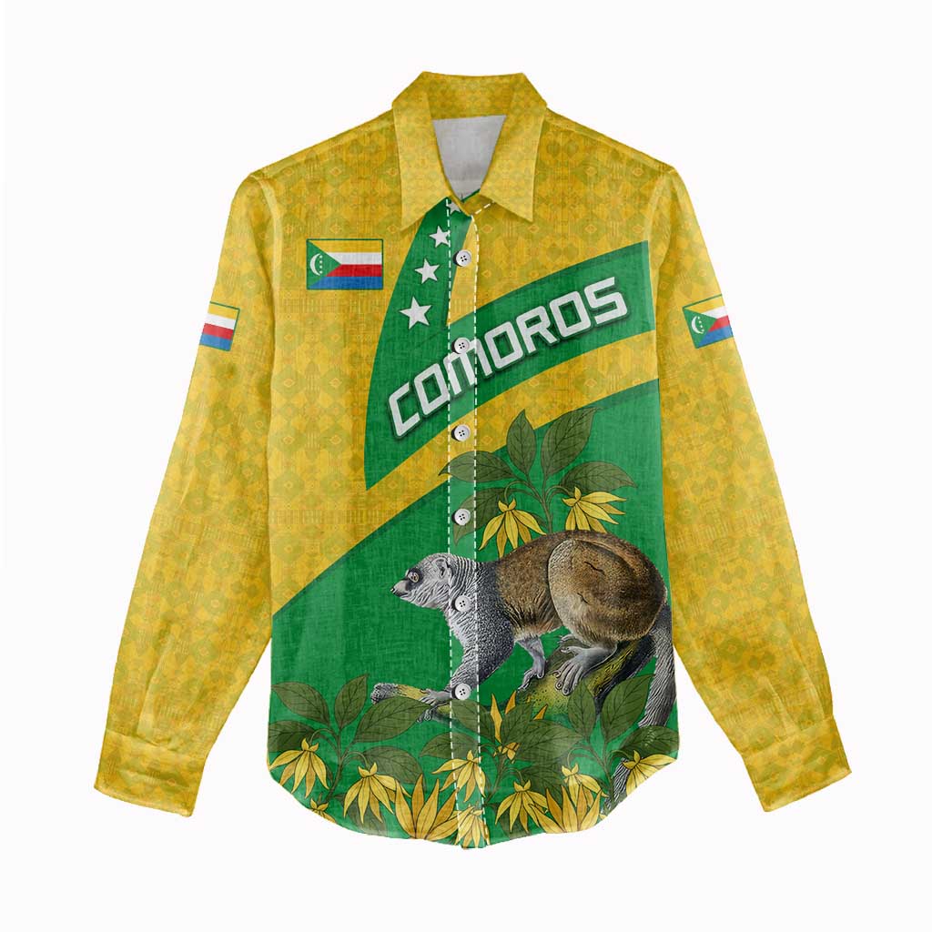 Comoros Women Casual Shirt with National Flag Lemur Design and Ylang Ylang Flower Pattern