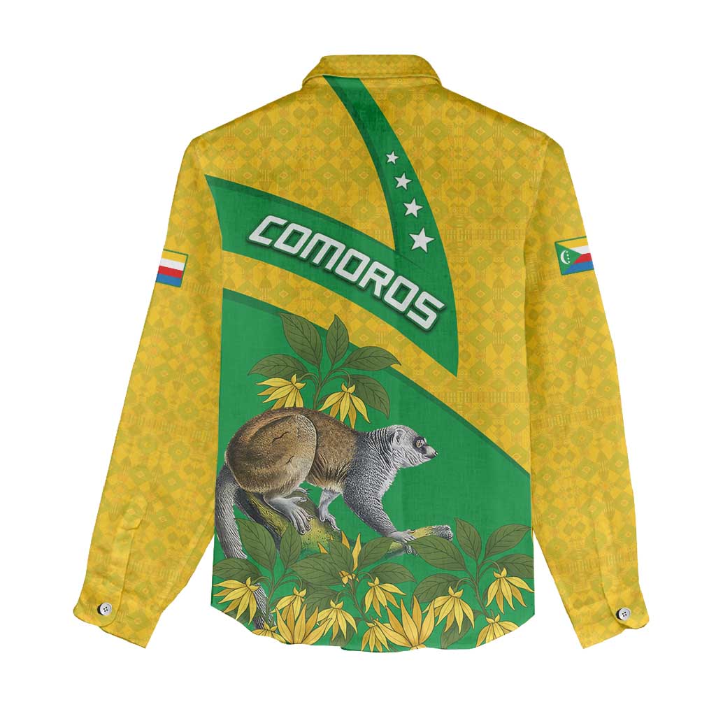 Comoros Women Casual Shirt with National Flag Lemur Design and Ylang Ylang Flower Pattern