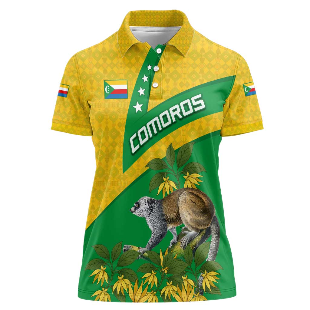 Comoros Women Polo Shirt with National Flag Lemur Design and Ylang Ylang Flower Pattern