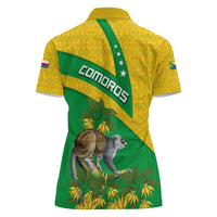Comoros Women Polo Shirt with National Flag Lemur Design and Ylang Ylang Flower Pattern