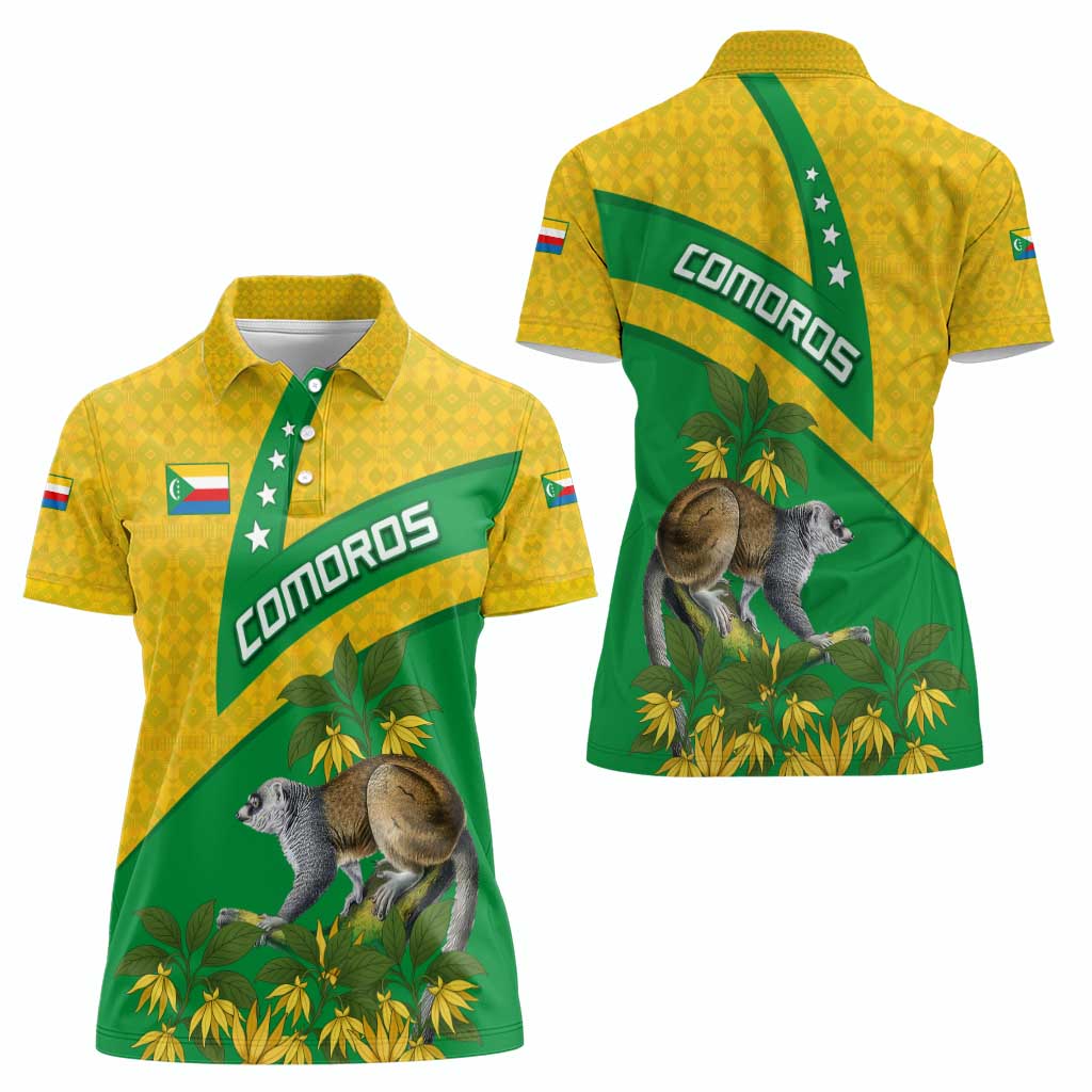 Comoros Women Polo Shirt with National Flag Lemur Design and Ylang Ylang Flower Pattern