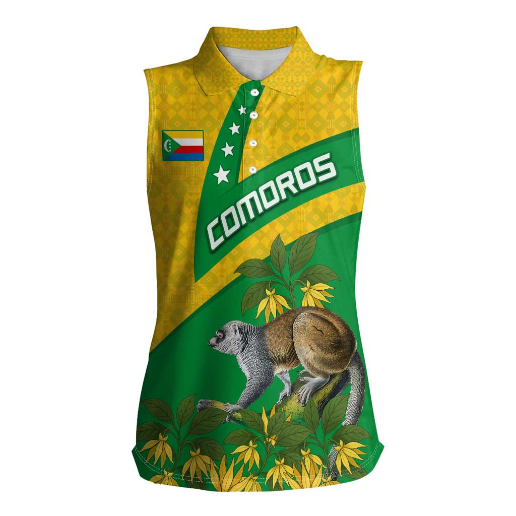 Comoros Women Sleeveless Polo Shirt with National Flag Lemur Design and Ylang Ylang Flower Pattern