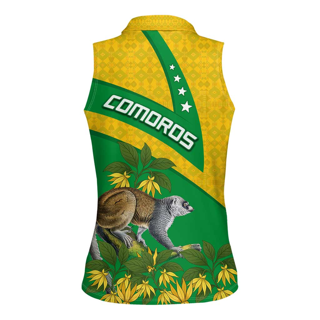 Comoros Women Sleeveless Polo Shirt with National Flag Lemur Design and Ylang Ylang Flower Pattern