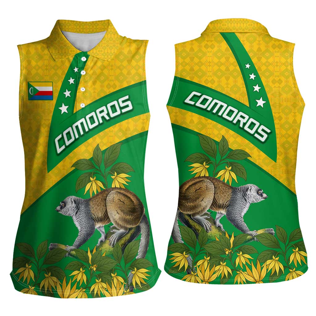 Comoros Women Sleeveless Polo Shirt with National Flag Lemur Design and Ylang Ylang Flower Pattern
