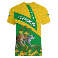 Comoros Women V-Neck T-Shirt with National Flag Lemur Design and Ylang Ylang Flower Pattern