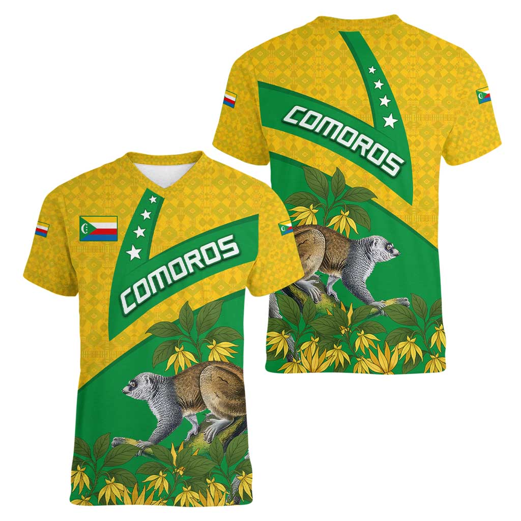Comoros Women V-Neck T-Shirt with National Flag Lemur Design and Ylang Ylang Flower Pattern