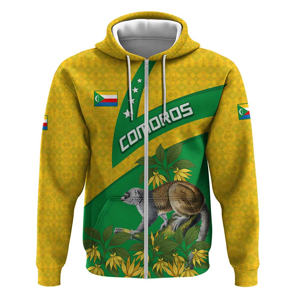 Comoros Zip Hoodie with National Flag Lemur Design and Ylang Ylang Flower Pattern