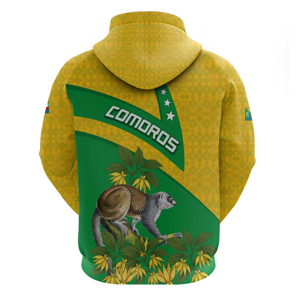 Comoros Zip Hoodie with National Flag Lemur Design and Ylang Ylang Flower Pattern